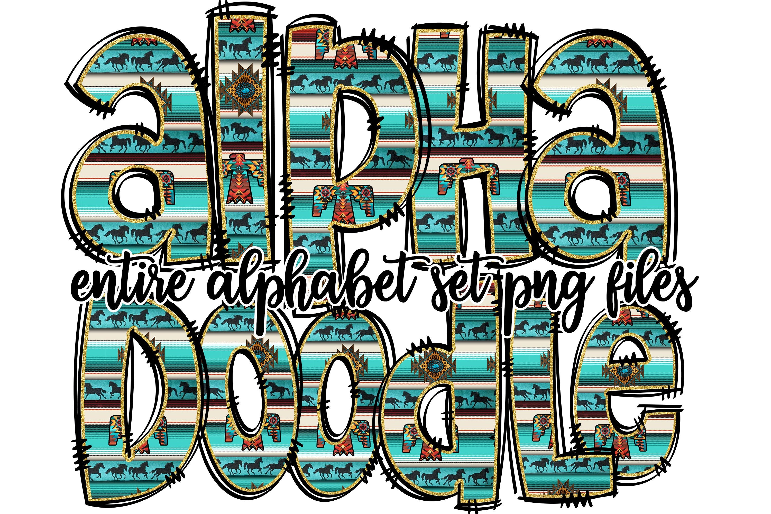 Western Aztec Alphabet Letters PNG Bundle, Country Serape, Hand Drawn ...