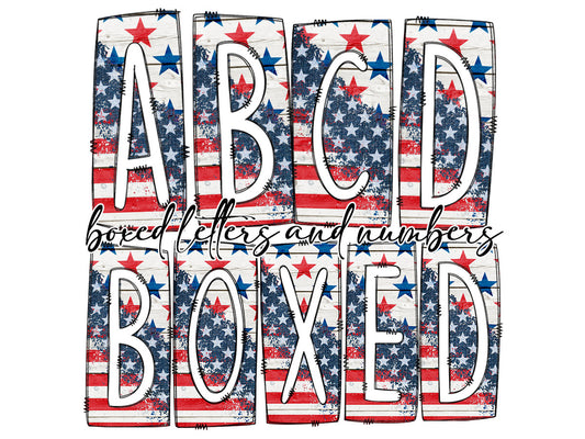 USA Flag America 4th July Box Doodle Letters, Rustic Patriotic Western Hand Drawn Doodle Alphabet Set, Sublimation Designs PNG - 145 PATTERN