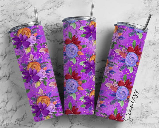 Flowers On Purple Background 20oz Tumbler Wrap, Seamless Skinny Tumbler, Sublimation Design PNG - 1502