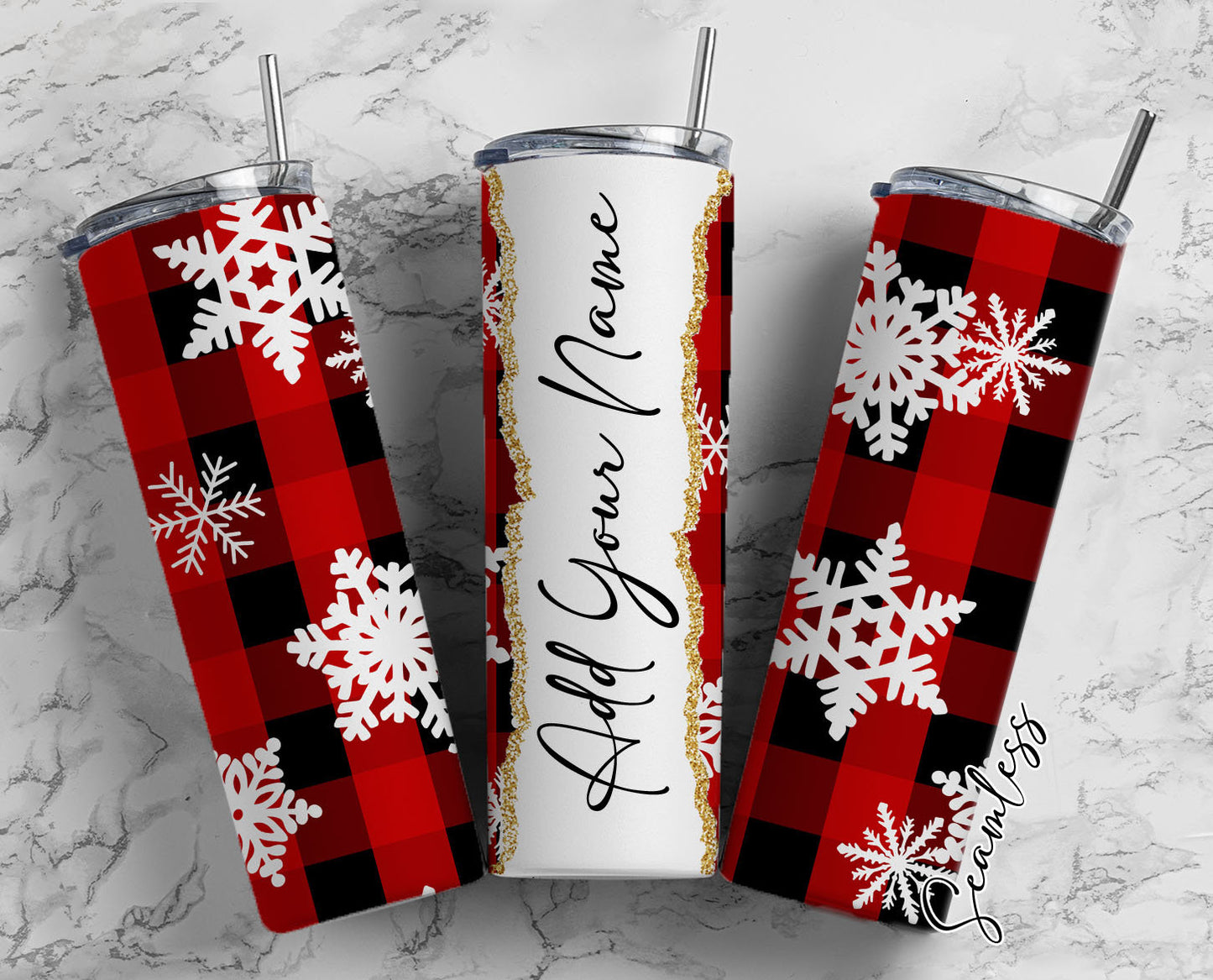 Snowflakes Checkered Add Your Own Name, 20oz Sublimation Tumbler Designs, Skinny Tumbler Wraps Template - 72 PATTERN