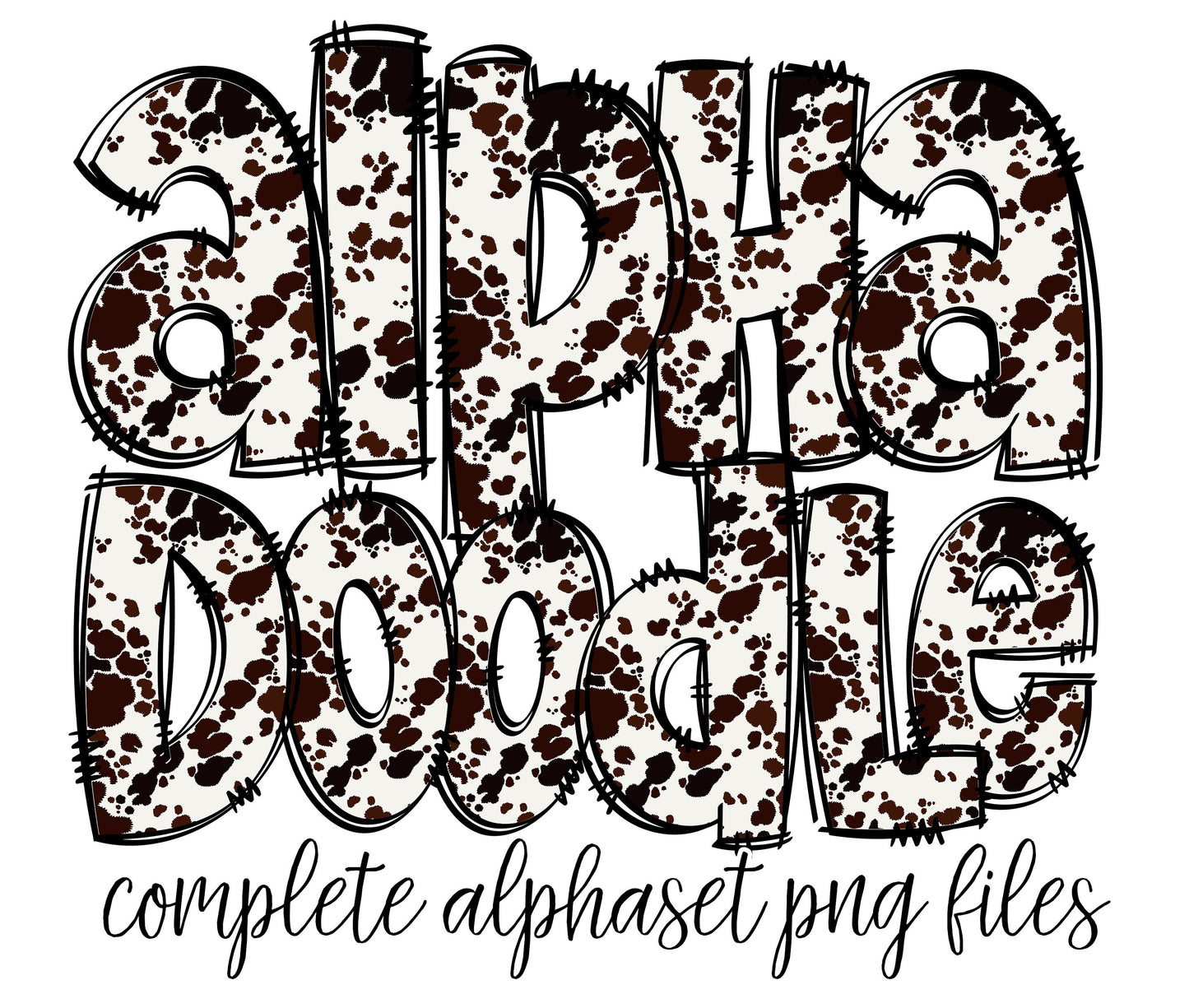 Cowhide Doodle Alphabet Letters PNG Bundle, Cow Hide Country Western Design Hand Drawn Doodle, Cow Print Sublimation Alpha Set Designs PNG