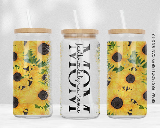 Sunflower 16oz Libbey Glass Can Tumbler Seamless, 16oz Glass Can Wrap, Sublimation Designs, Mothers Day, Can Template Designs PNG