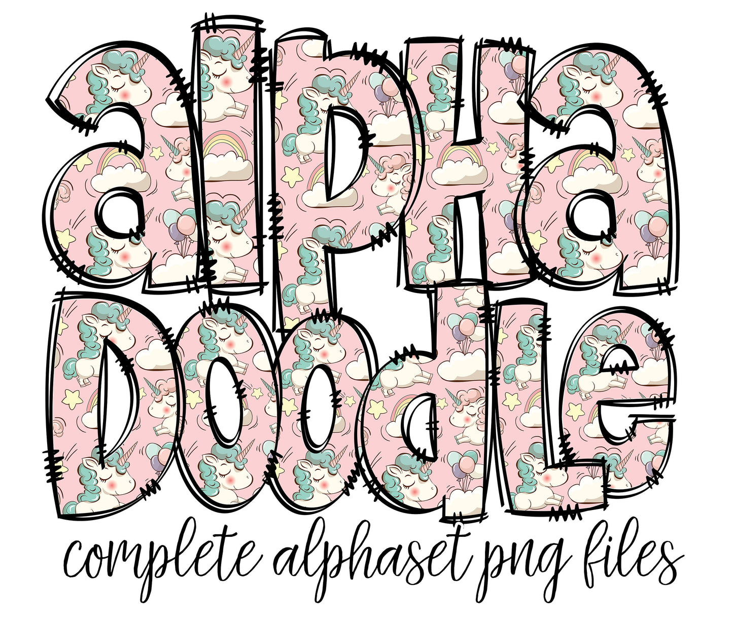 Unicorn Alphabet Letters PNG Bundle, Rainbows Glitter Girly Doodle Letters, Hand Drawn Alphabet Doodle, Sublimation Alpha Set Designs PNG