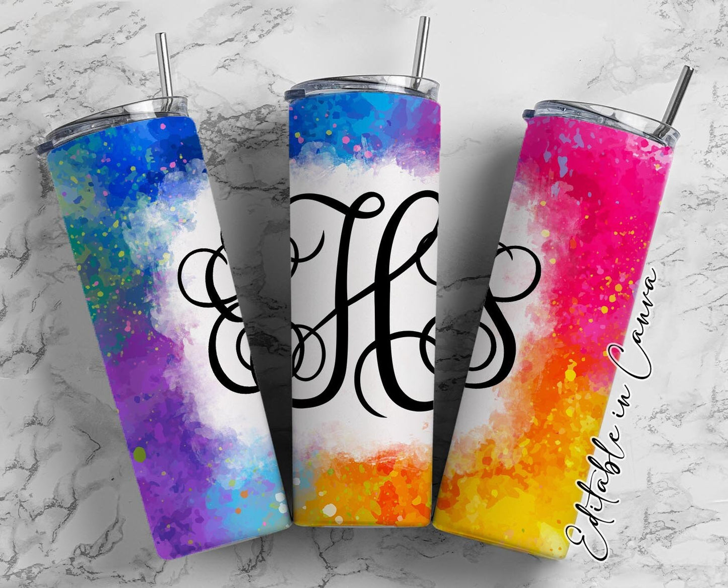 EDITABLE Rainbow Monogram 20oz Straight Tumbler Wrap Designs, Make Your Own Custom Peronalized Design, Easy Canva Tempalte