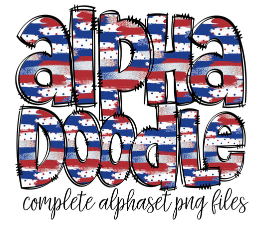 USA Red White Blue Doodle letters, Hand Drawn Doodle Alpha Bundle, Sublimation Font PNG, Patterned Numbers & Alphabet,