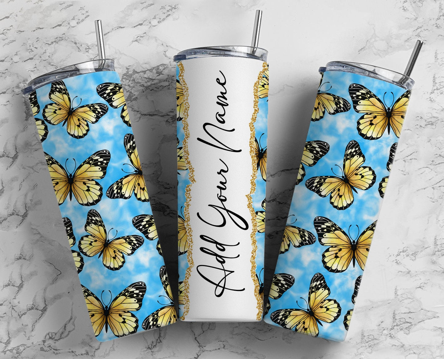 Blue Butterfly Add Your Own Text Name Monogram Sublimation Tumbler Designs Wrap - 20oz Skinny Tumbler Wraps Templates - PNG 43 PATTERN