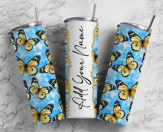 Blue Butterfly Add Your Own Text Name Monogram Sublimation Tumbler Designs Wrap - 20oz Skinny Tumbler Wraps Templates - PNG 43 PATTERN