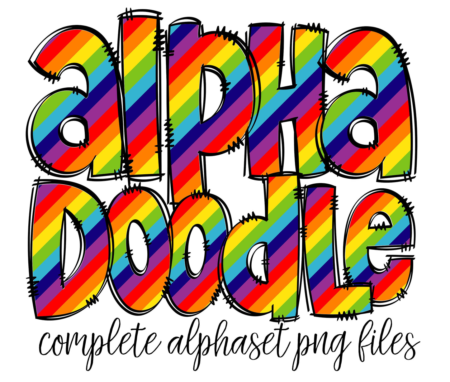 Rainbow Alphabet Letters PNG Bundle, Rainbow Colourful Bright Hand Drawn Alphabet Doodle, Sublimation Alpha Set Designs PNG