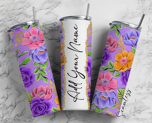 Flowers On Purple Background Add Your Own Name, 20oz Sublimation Tumbler Designs, Skinny Tumbler Wraps Template - 1947