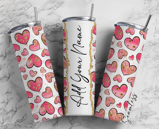 Pink Hearts, Gold Dots, Heart Seamless, Valentines Add Your Own Name, 20oz Sublimation Tumbler Designs, Skinny Tumbler Wraps Template - 1747