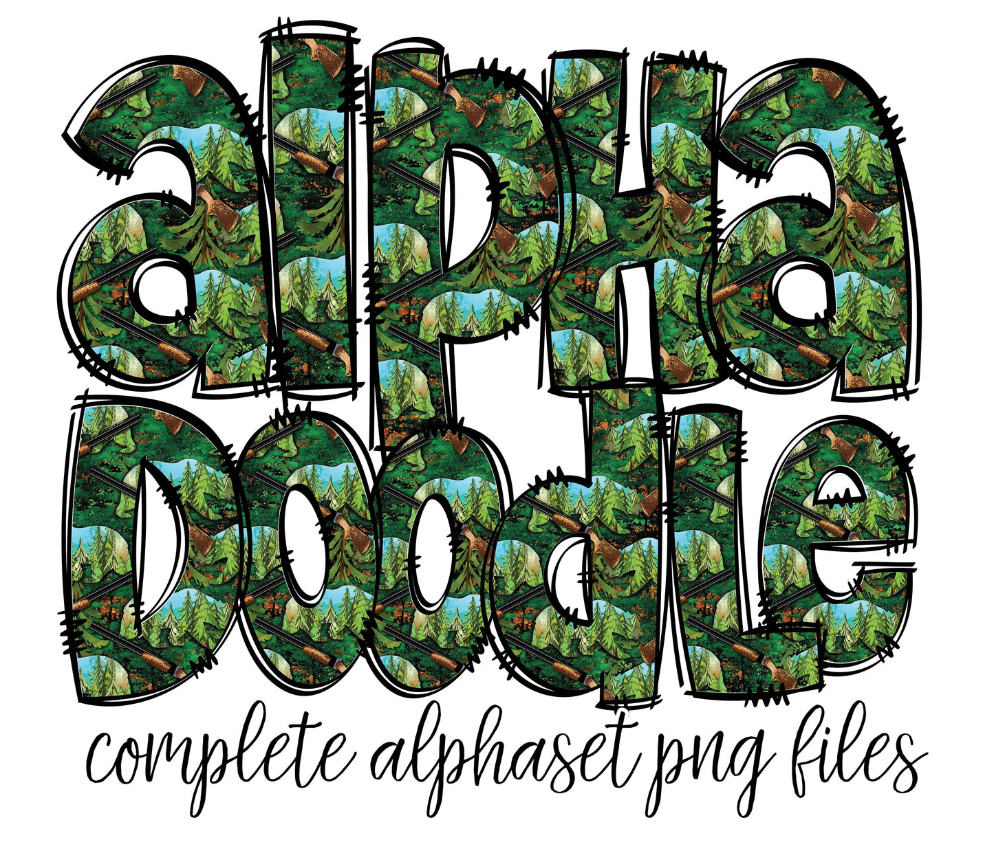 Fishing Doodle letters, Hand Drawn Doodle Alpha Bundle Patterned Numbers & Alphabet Doodle Set Sublimation Font PNG