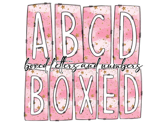 Pink Gold Stars Box Doodle Letters, Western Hand Drawn Doodle Alphabet Set, Sublimation Designs PNG - 2116