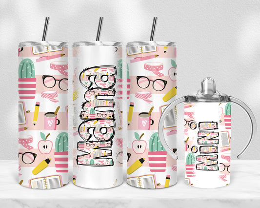 Teacher Seamless Mama Mini Bundle, 12 oz sippy cup, 20 oz tumbler, mama and me png, mini sippy cup, Mom Daughter Sublimation Tumbler Wrap