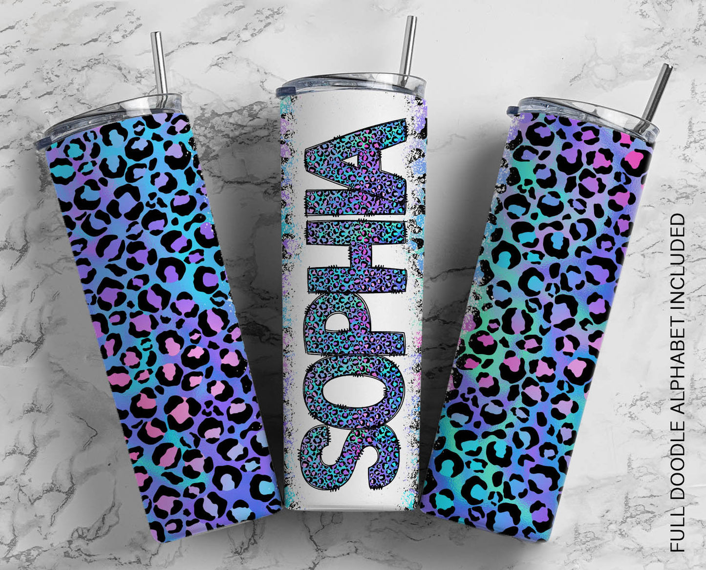 Neon Doodle Letters with Matching Tumbler Template, Leopard Doodle Alphabet Font PNG, 20 oz Tumbler, Sublimation, Waterslide Designs