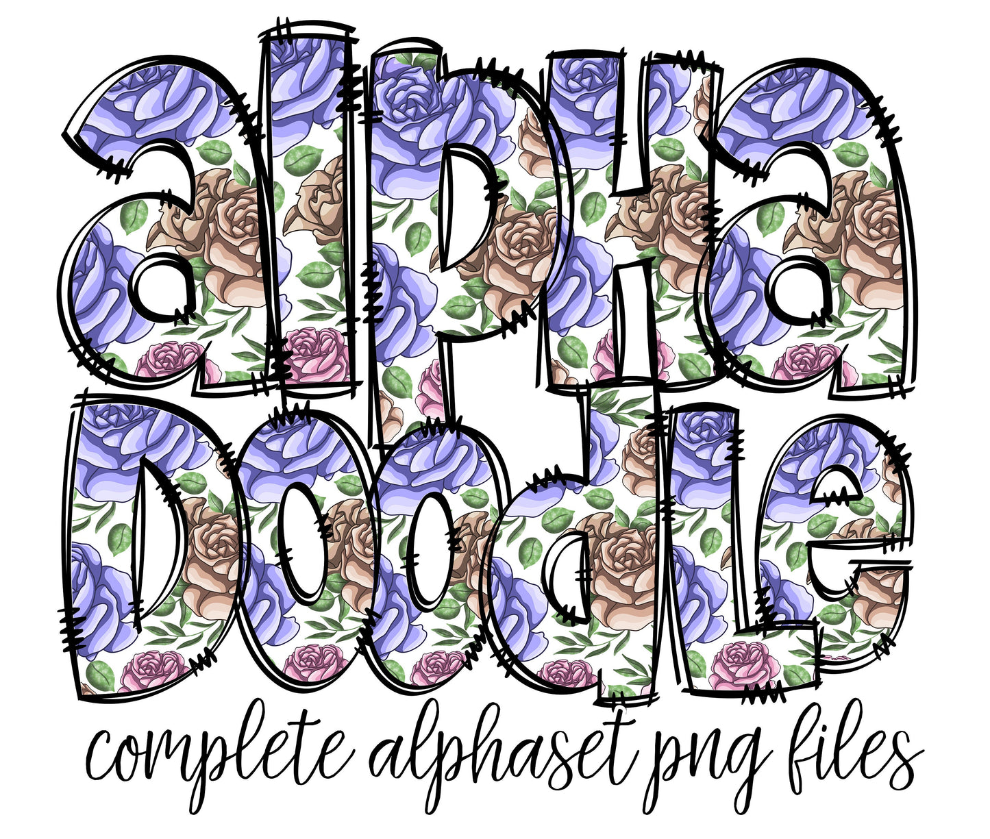 Purple Flowers Hand Drawn Doodle letters, Hand Drawn Doodle Alpha Bundle, Sublimation Font PNG, Patterned Numbers & Alphabet,