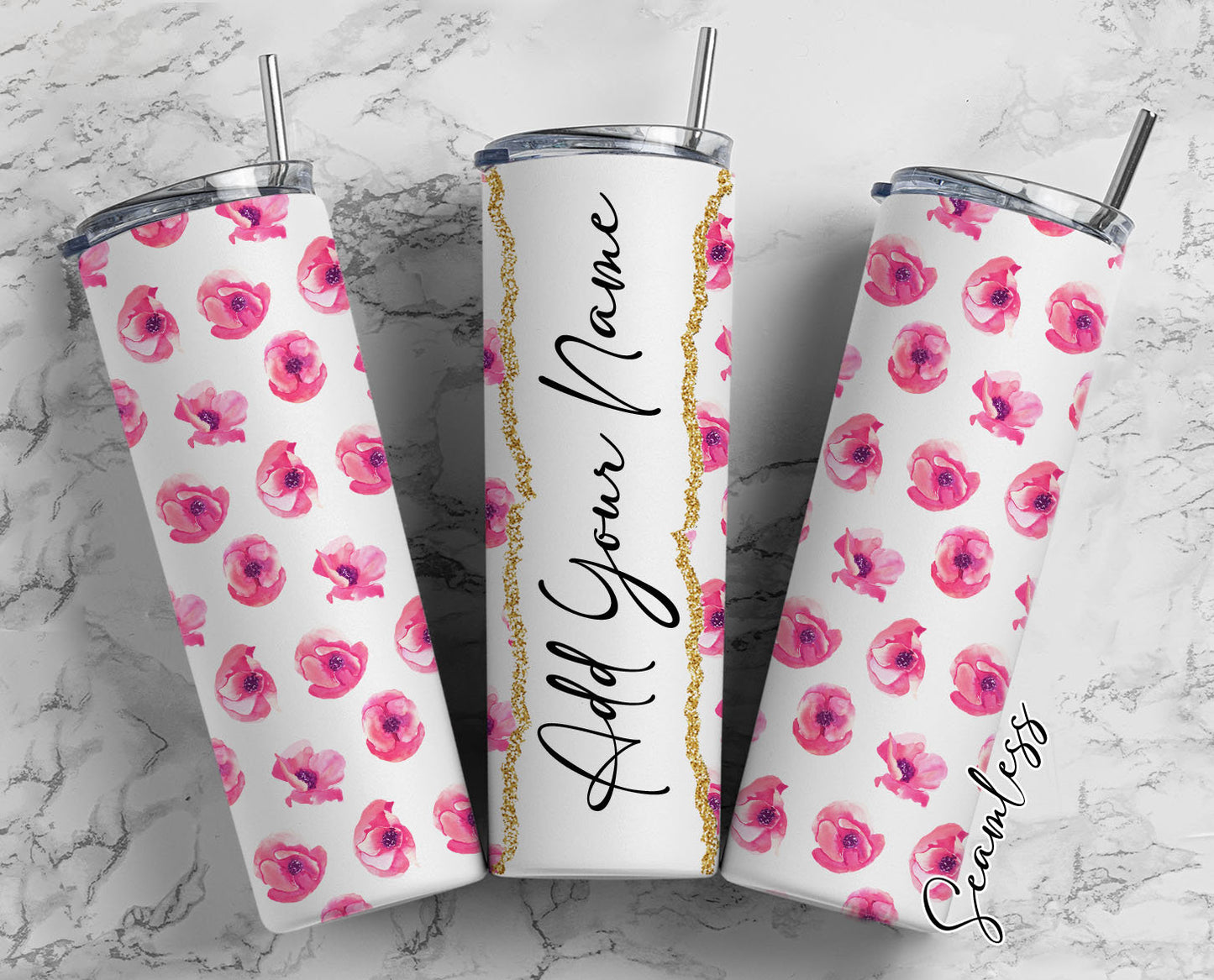 Watercolor Pink Flowers Add Your Own Name, 20oz Sublimation Tumbler Designs, Skinny Tumbler Wraps Template - 1575