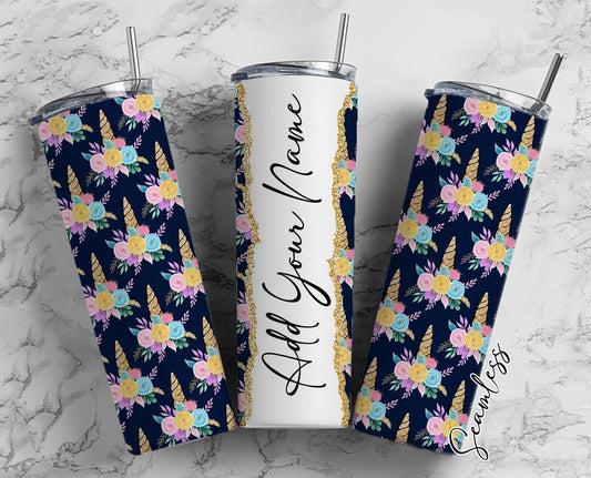 Floral Unicorn Add Your Own Name, 20oz Sublimation Tumbler Designs, Skinny Tumbler Wraps Template - 2190