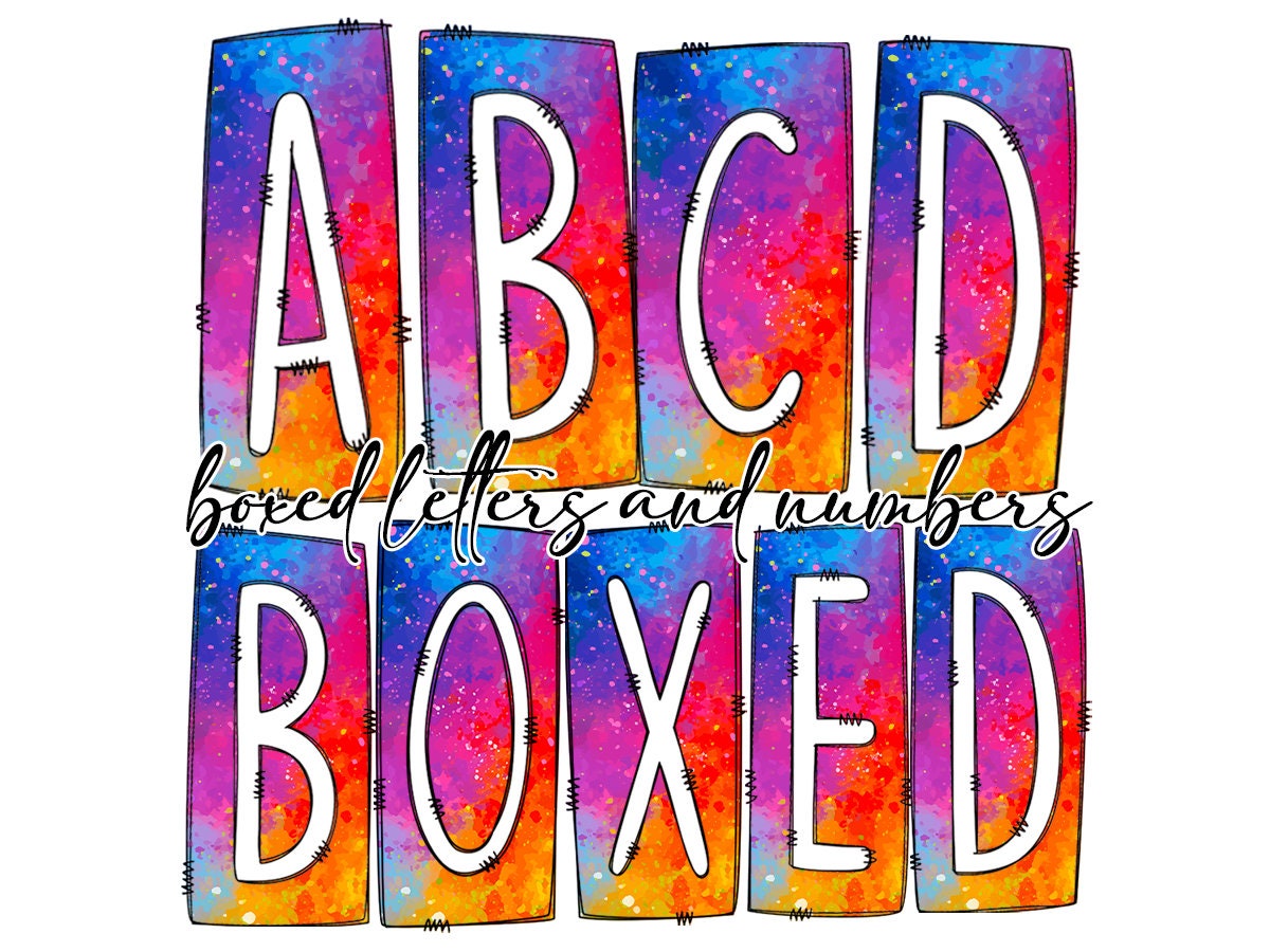 Rainbow Ombre Bright Box Doodle Letters, Western Hand Drawn Doodle Alphabet Set, Sublimation Designs PNG - 17 PATTERN