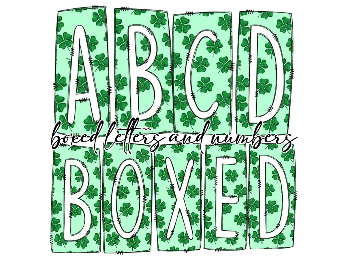 4 Leaf Clover St Patricks Day Box Doodle Letters, Western Hand Drawn Doodle Alphabet Set, Sublimation Designs PNG - 474 PATTERN