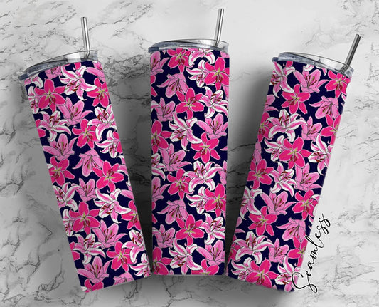 Pink Flowers Pattern 20oz Tumbler Wrap, Seamless Skinny Tumbler, Sublimation Design PNG - 359