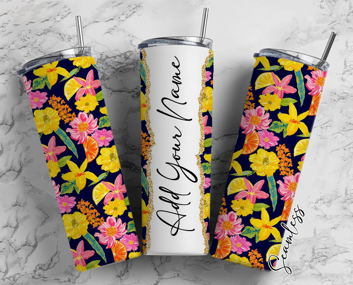 Watercolor Floral Design Add Your Own Name, 20oz Sublimation Tumbler Designs, Skinny Tumbler Wraps Template - 217