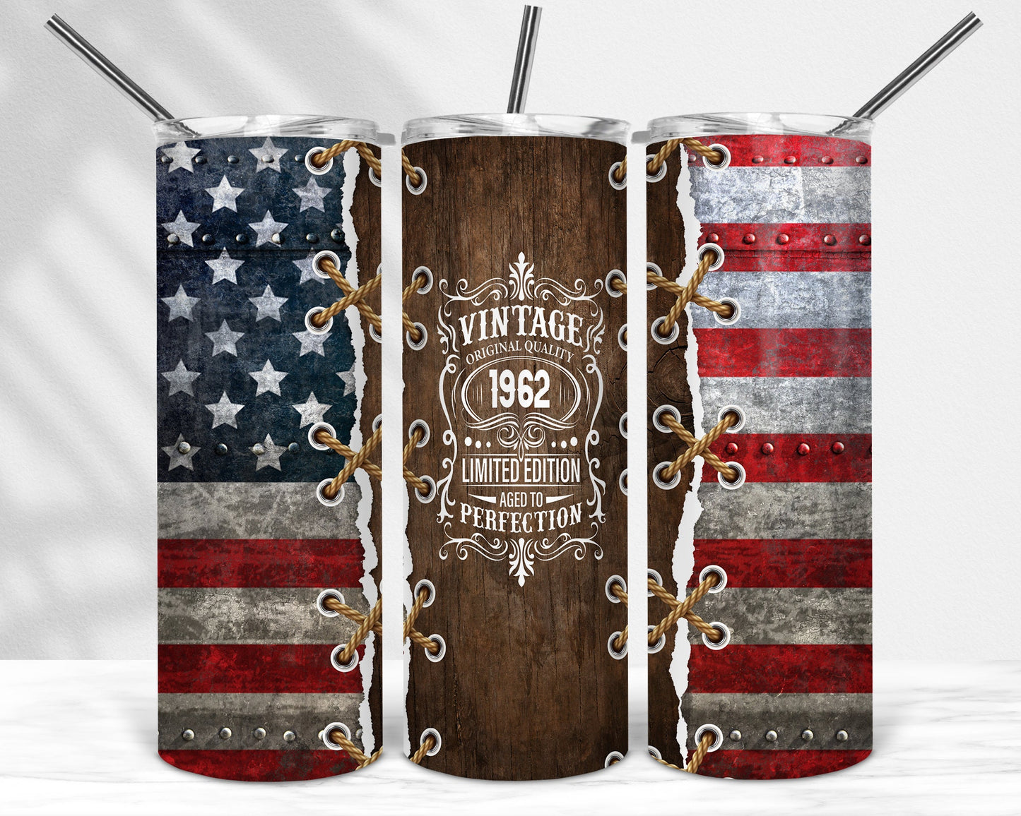 60th Birthday 1962 USA Flag Vintage Wood Sublimation Seamless Design Tumbler - 20oz Skinny Straight Tumbler Wraps Template - PNG