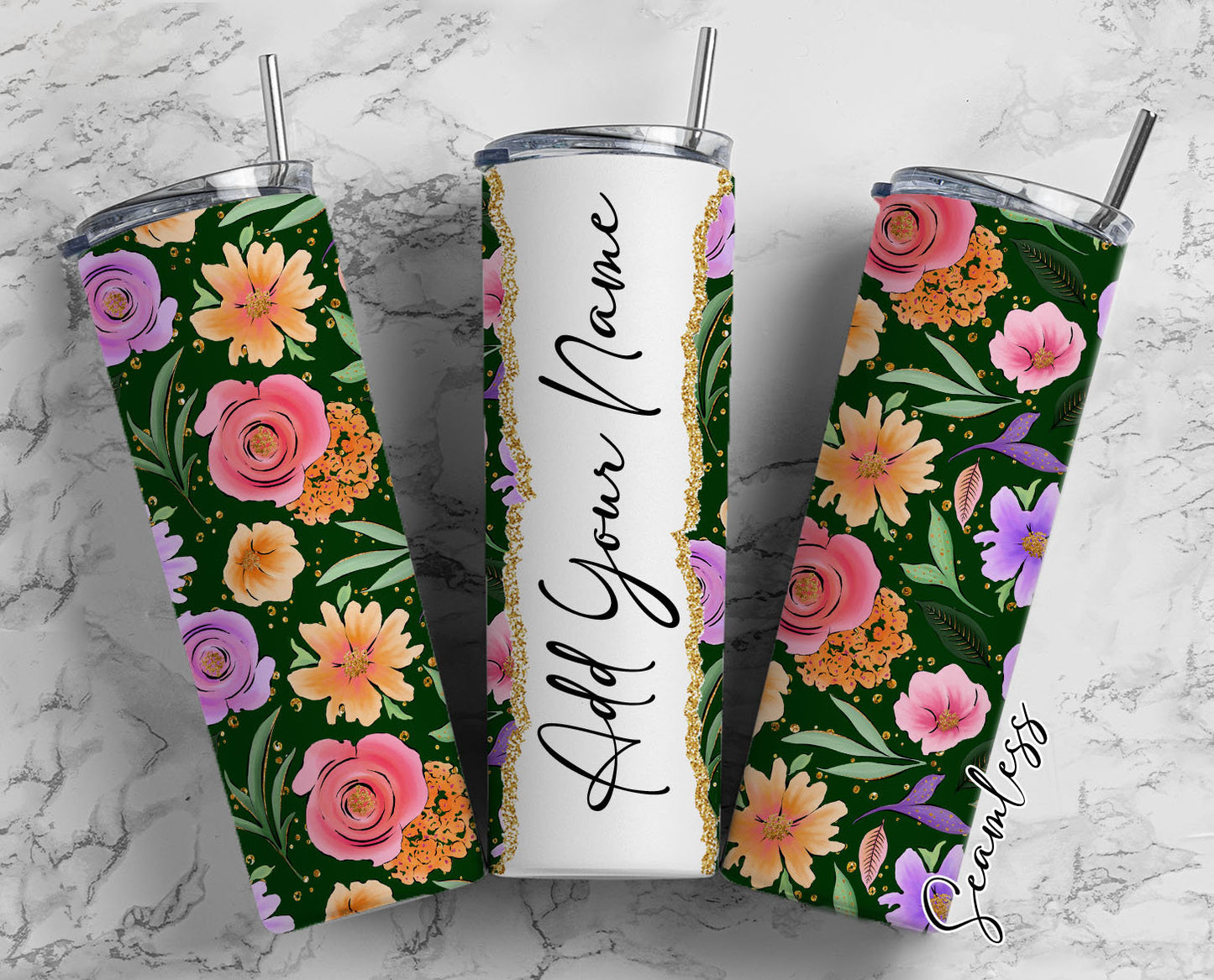 Floral On Black Background, Flower Pattern Add Your Own Name, 20oz Sublimation Tumbler Designs, Skinny Tumbler Wraps Template - 1509