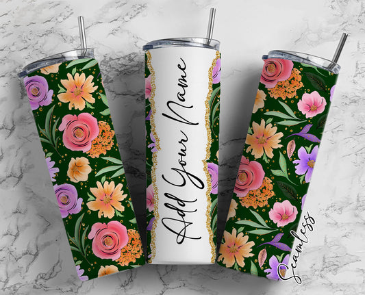 Floral On Black Background, Flower Pattern Add Your Own Name, 20oz Sublimation Tumbler Designs, Skinny Tumbler Wraps Template - 1509