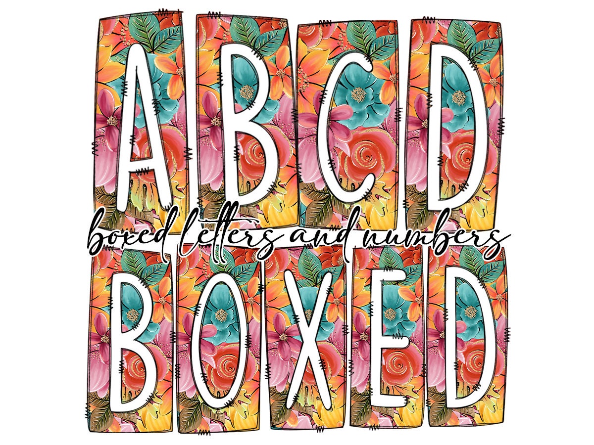 Fall Floral Leaves Autumn Box Doodle Letters, Western Hand Drawn Doodle Alphabet Set, Sublimation Designs PNG - 1816