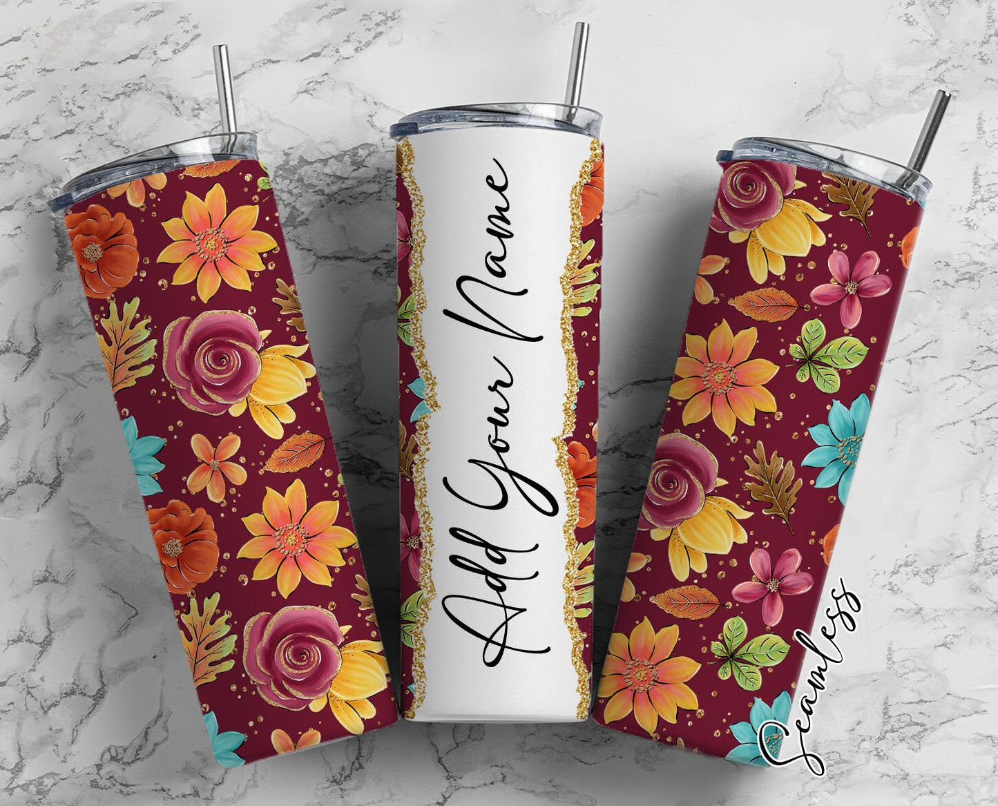 Autumn Floral Add Your Own Name, 20oz Sublimation Tumbler Designs, Skinny Tumbler Wraps Template - 646