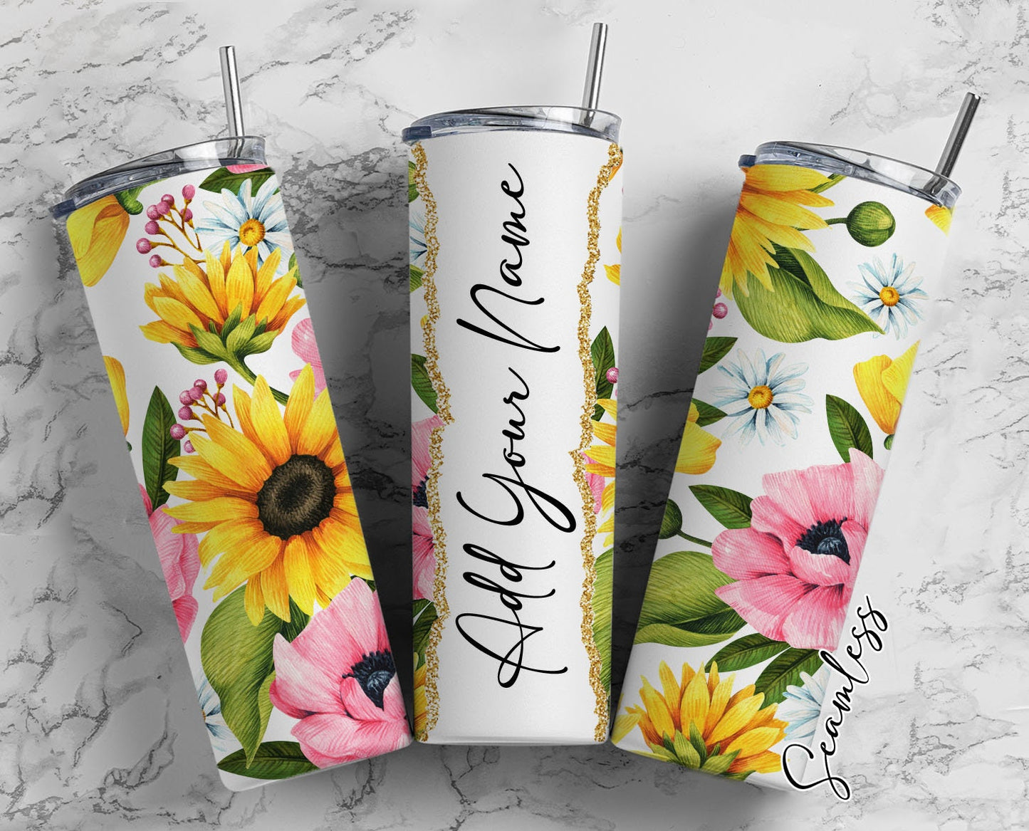 Sunflower Pattern, Sunflower Design, Floral Add Your Own Name, 20oz Sublimation Tumbler Designs, Skinny Tumbler Wraps Template - 292 PATTERN