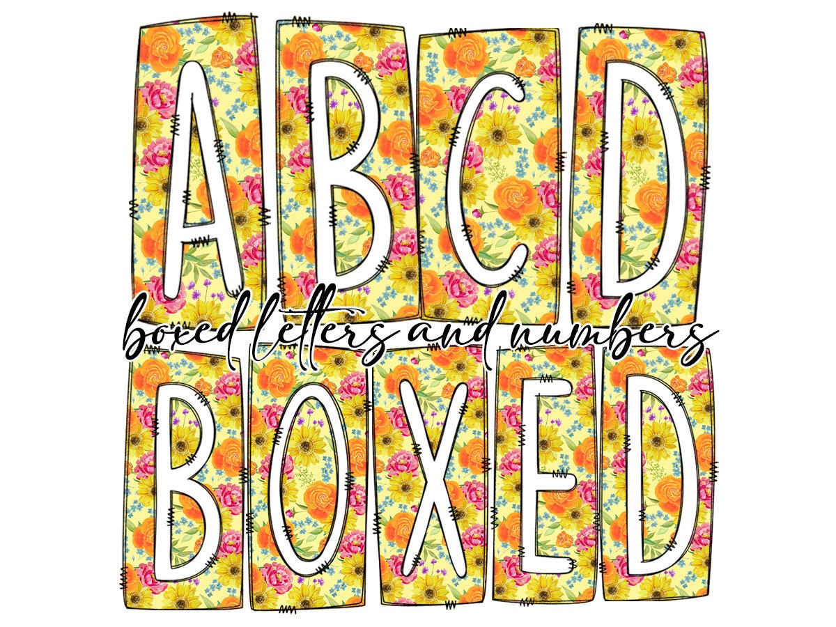 Spring Floral Box Doodle Letters, Western Hand Drawn Doodle Alphabet Set, Sublimation Designs PNG - 1063