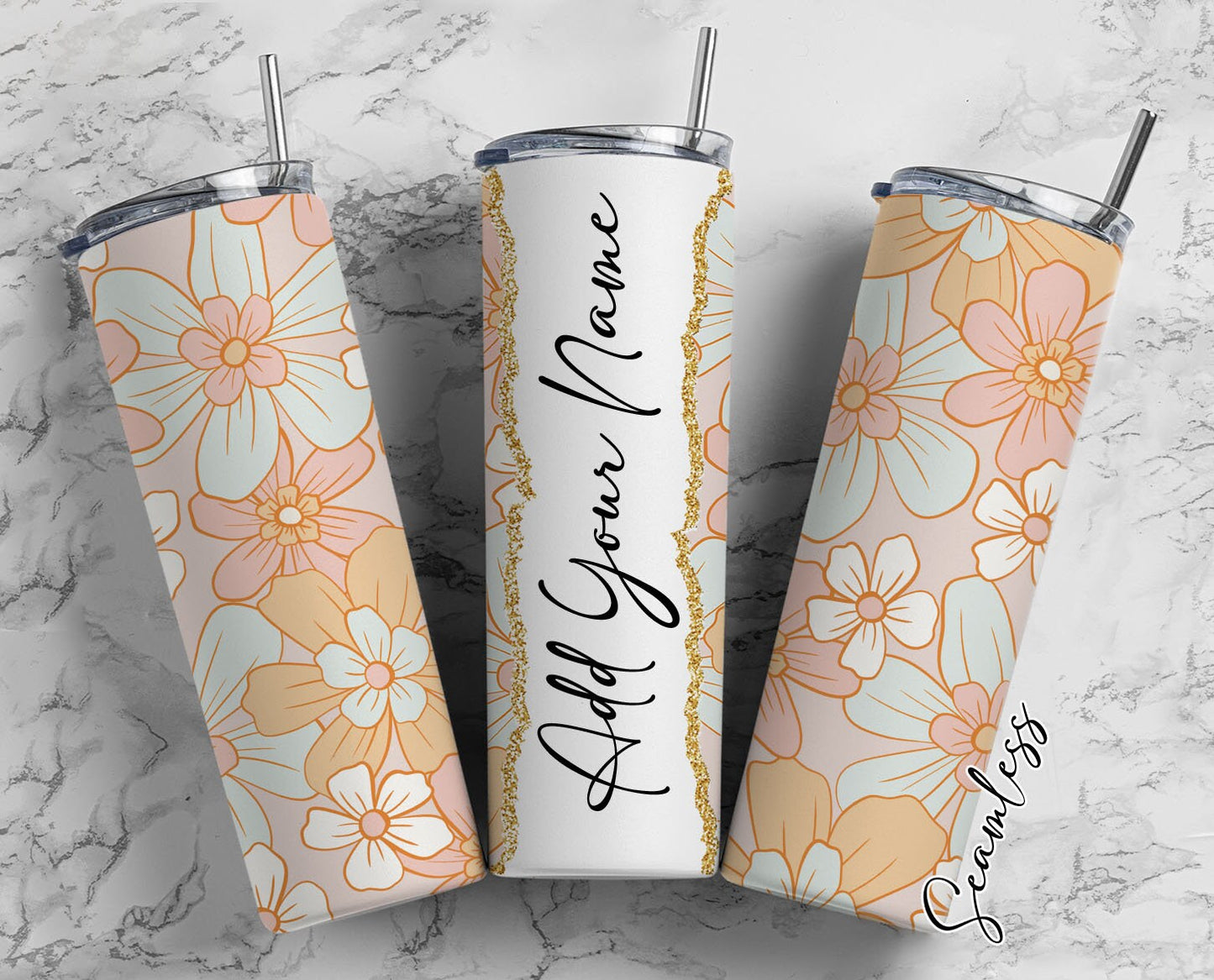 Floral Seamless Add Your Own Name, 20oz Sublimation Tumbler Designs, Skinny Tumbler Wraps Template - 492 PATTERN