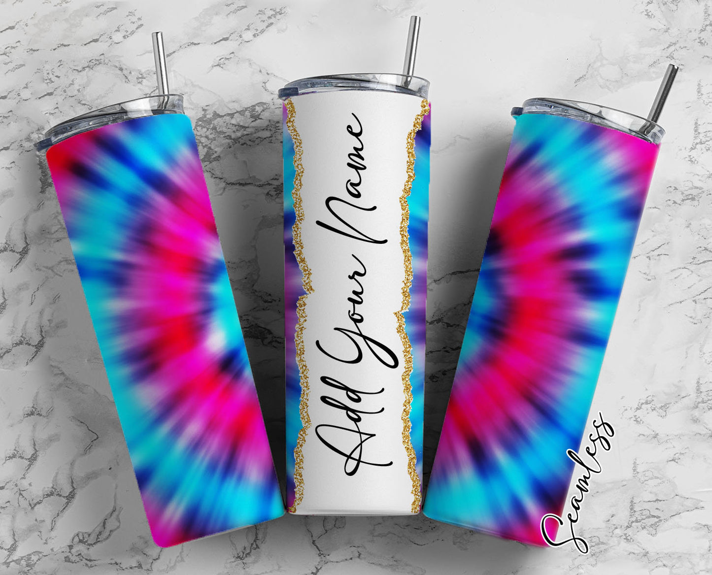 Pink And blue Tie Dye Add Your Own Name, 20oz Sublimation Tumbler Designs, Skinny Tumbler Wraps Template - 88 PATTERN