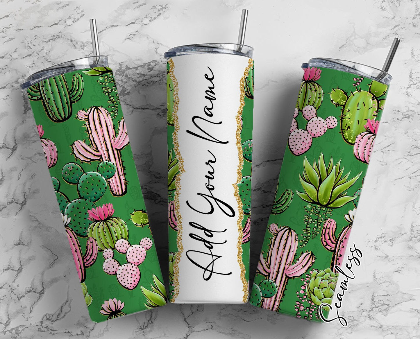 Cactus Seamless Add Your Own Name, 20oz Sublimation Tumbler Designs, Skinny Tumbler Wraps Template - 79