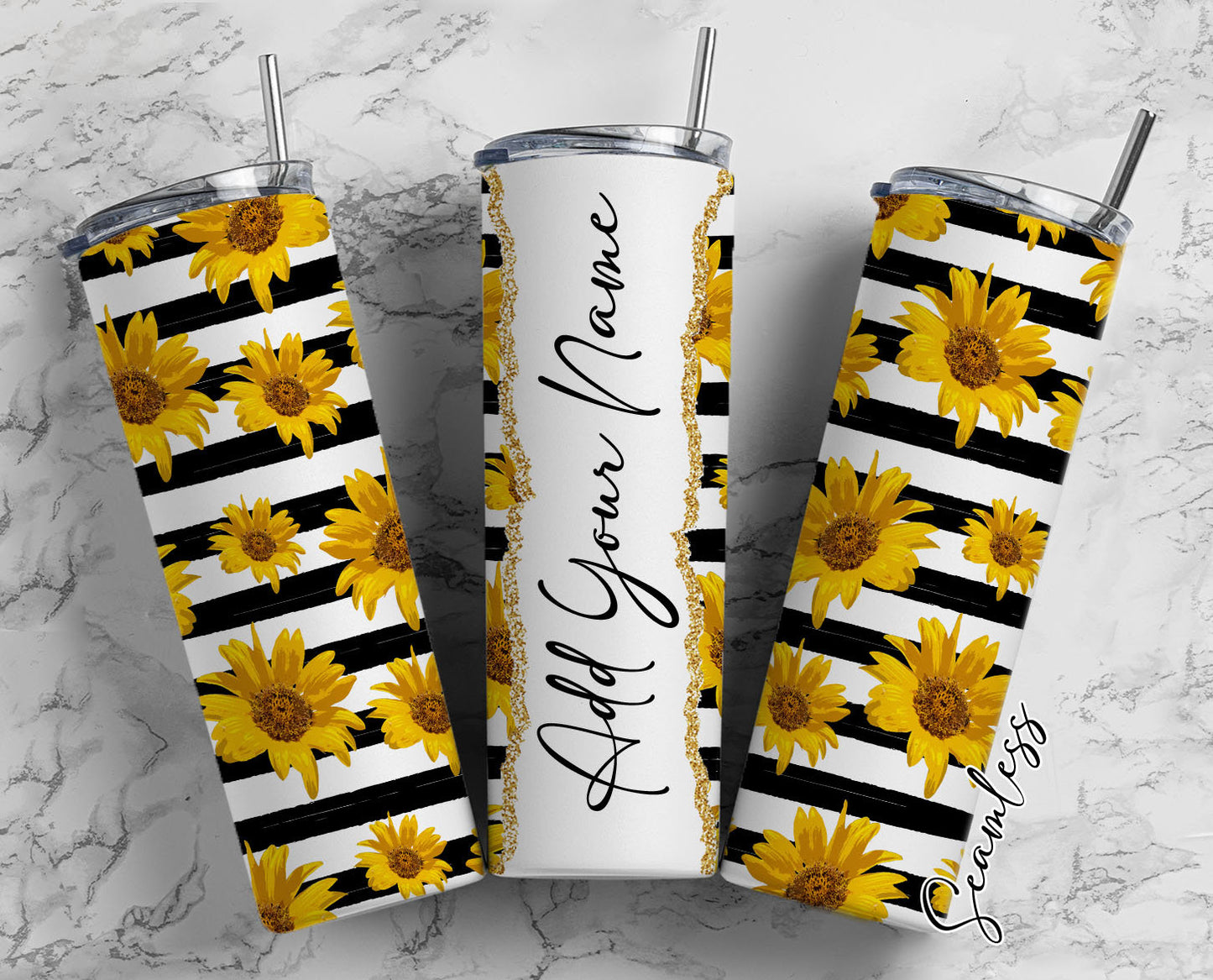 Sunflower Stripes Add Your Own Name, 20oz Sublimation Tumbler Designs, Skinny Tumbler Wraps Template - 37 PATTERN