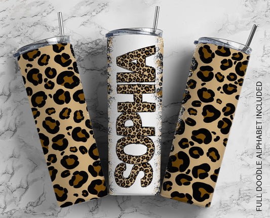 Cheetah Doodle Letters with Matching Tumbler Design, Brown Leopard Print Doodle Alphabet Font PNG, 20 oz Tumbler, Sublimation, Waterslide