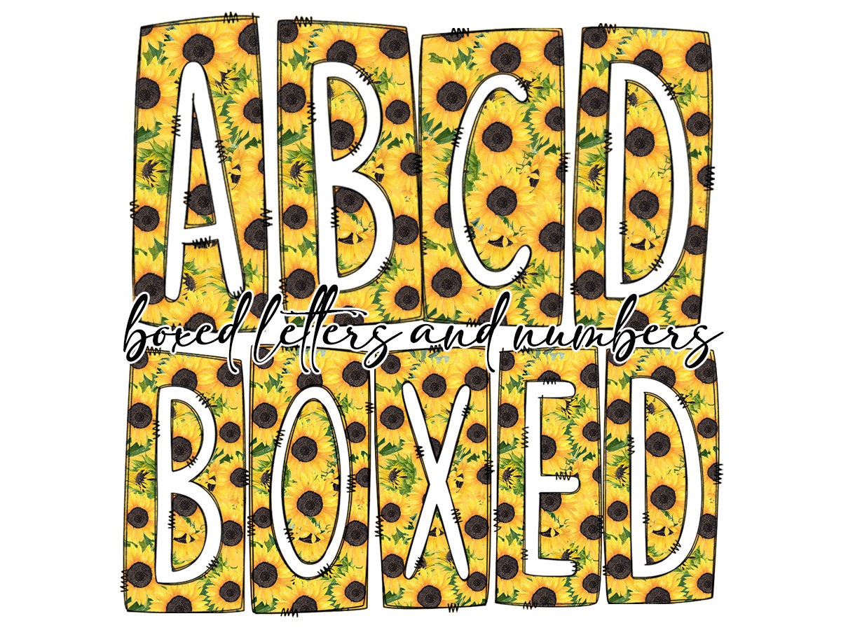 Sunflower Box Doodle Letters, Western Hand Drawn Doodle Alphabet Set, Floral YellowSublimation Designs PNG - 15 PATTERN