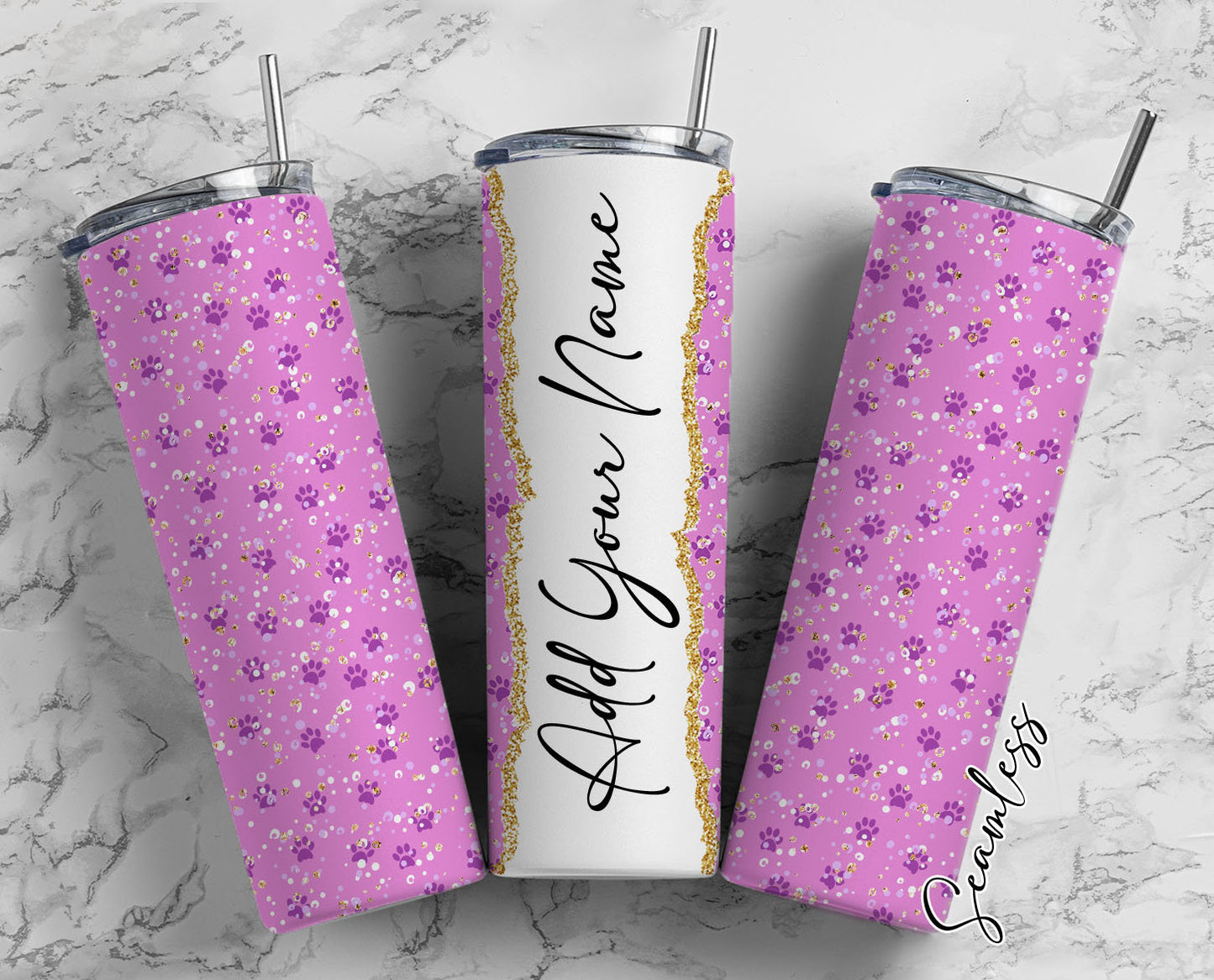 Small Paw Prints Add Your Own Name, 20oz Sublimation Tumbler Designs, Skinny Tumbler Wraps Template - 224