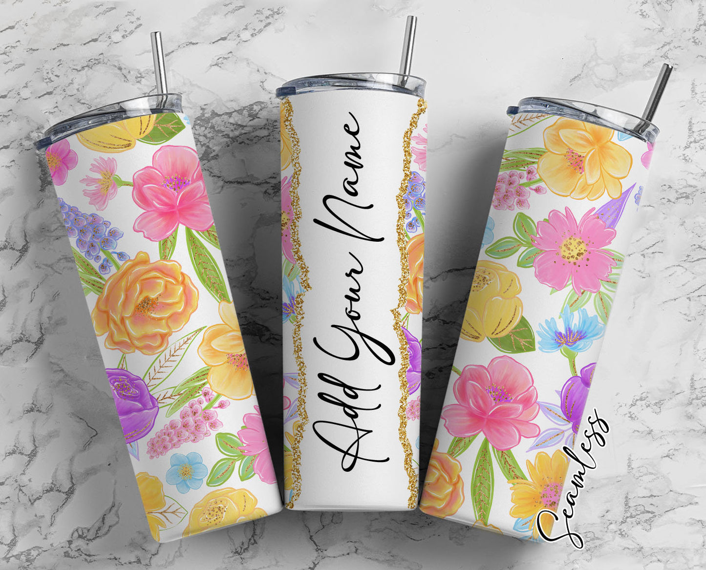 Watercolor Flowers Add Your Own Name, 20oz Sublimation Tumbler Designs, Skinny Tumbler Wraps Template - 260