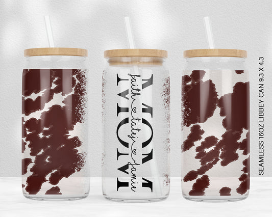 Brown Cowhide 16oz Libbey Glass Can Tumbler Seamless, 16oz Glass Can Wrap, Sublimation Designs, Mothers Day, Can Template Designs PNG