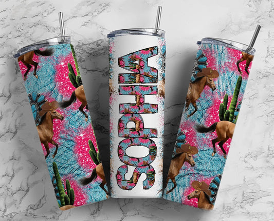 Horse Tumbler + Doodle Letter Set, Add Your Own Name, Cowgirl Barrel Tumbler Design Seamless Country Sublimation Designs, Straight 20oz PNG