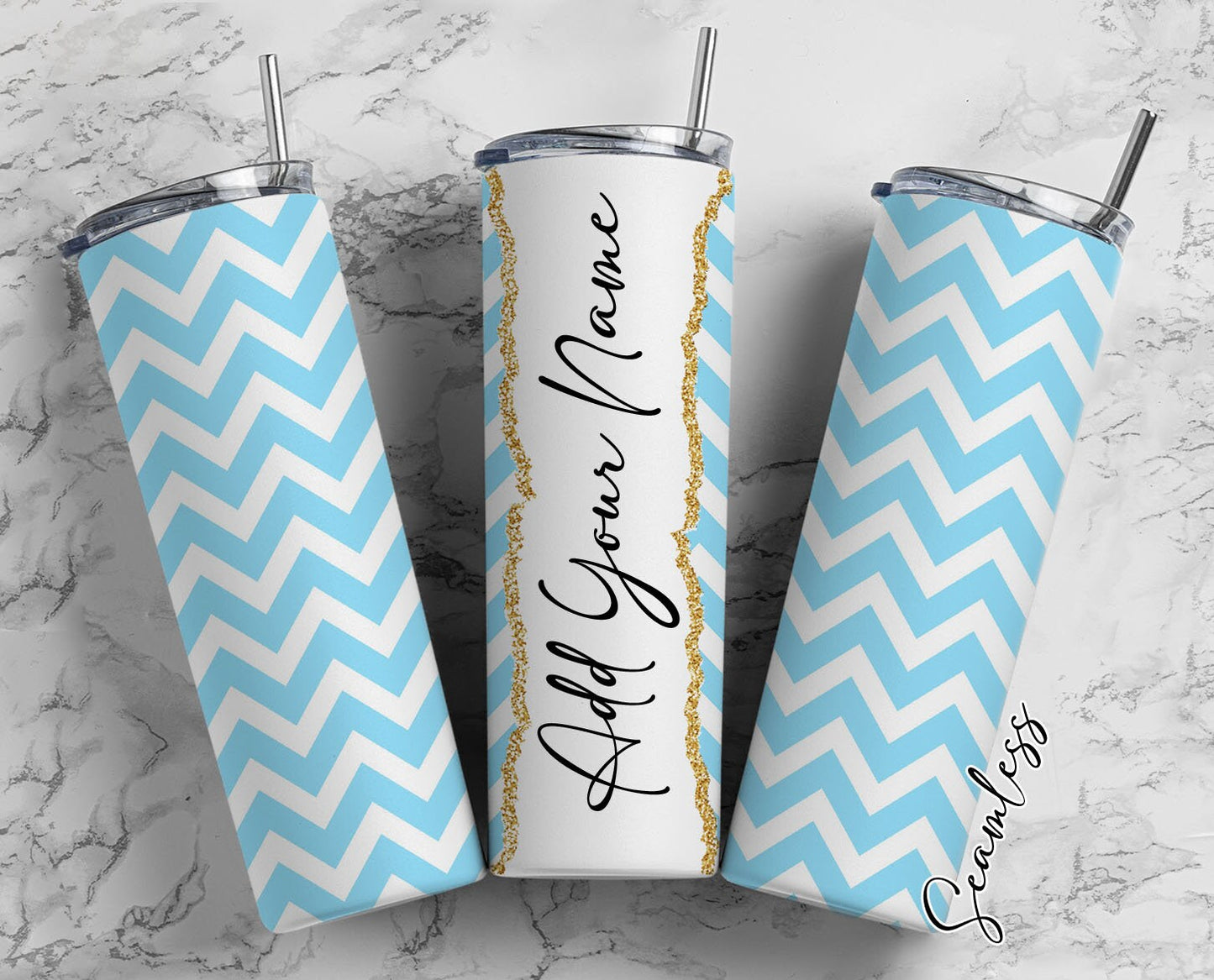 Blue Zigzag Seamless Add Your Own Name, 20oz Sublimation Tumbler Designs, Skinny Tumbler Wraps Template - 29 PATTERN