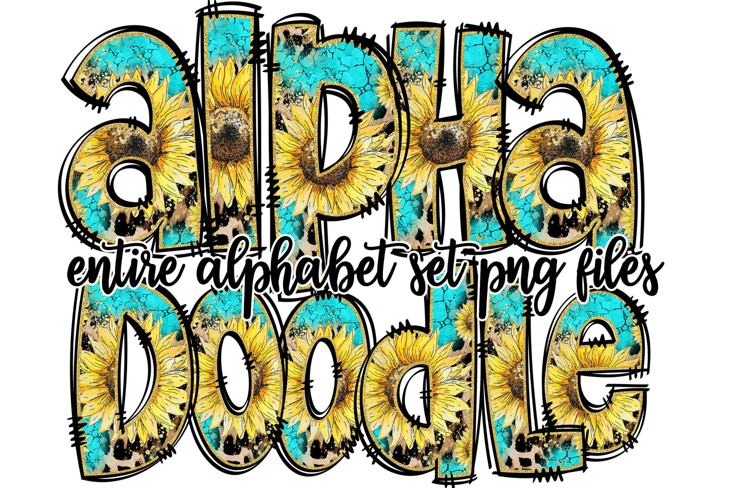 Turquoise Leopard Sunflower Alphabet Letters PNG Bundle, Summer Sunflowers Floral, Hand Drawn Doodle, Sublimation Alpha Set Designs PNG