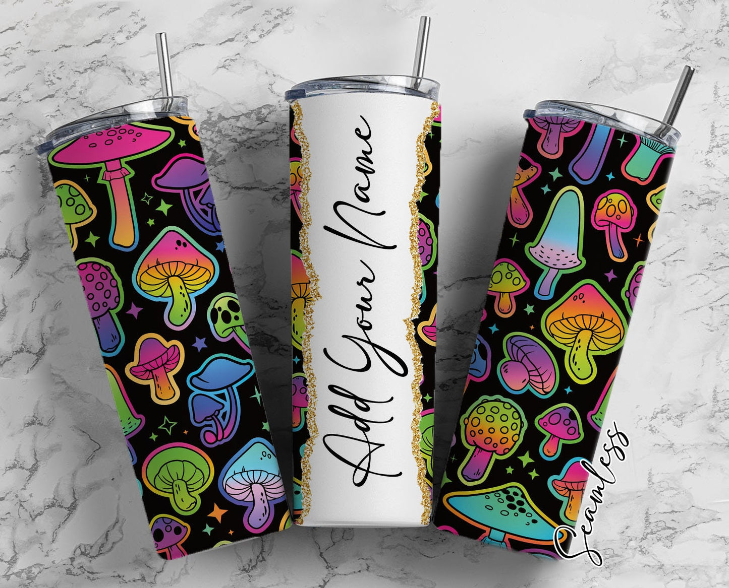 Mushrooms On Black Background, Mushroom Add Your Own Name, 20oz Sublimation Tumbler Designs, Skinny Tumbler Wraps Template - 313 PATTERN