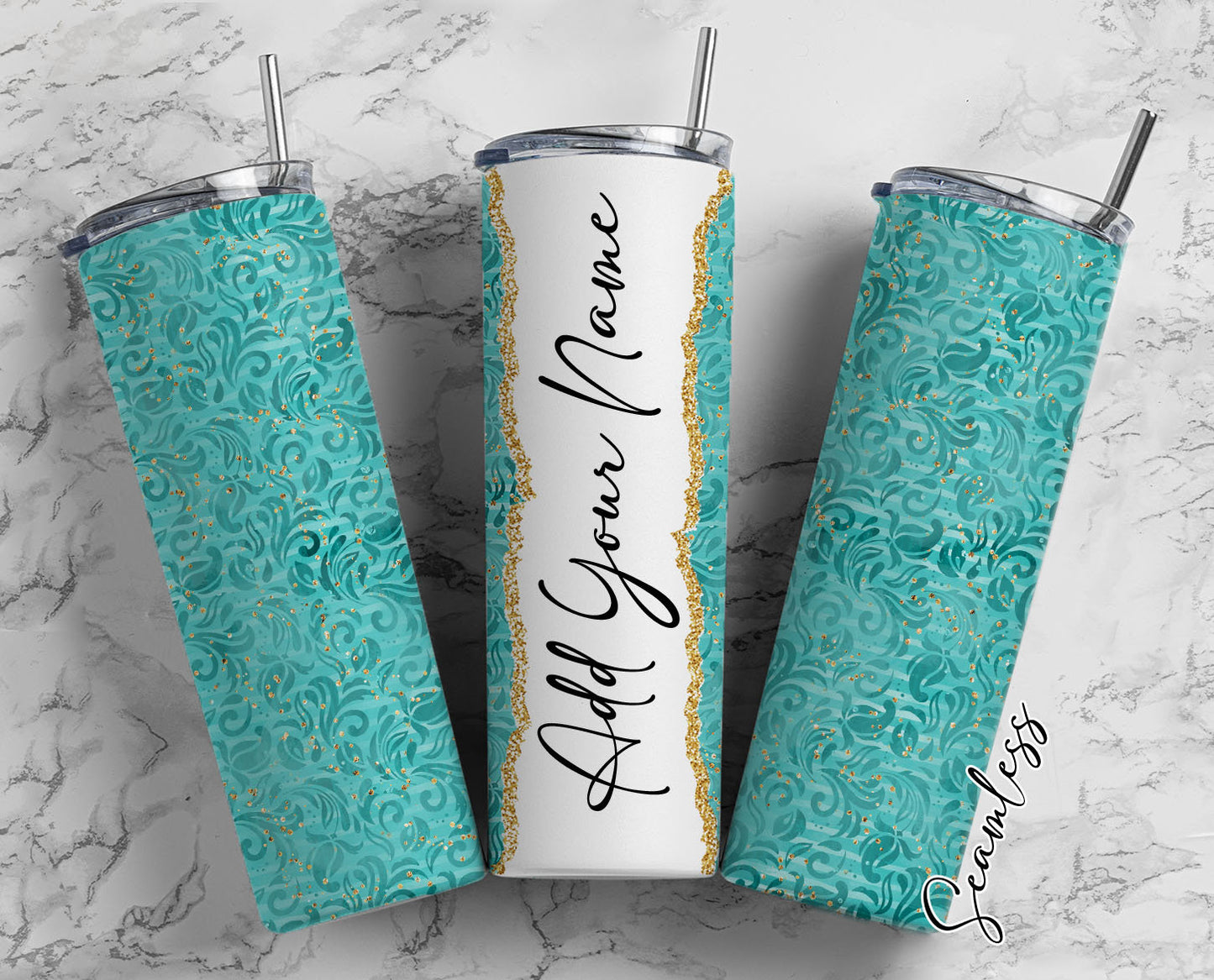 Teal Background Add Your Own Name, 20oz Sublimation Tumbler Designs, Skinny Tumbler Wraps Template - 499