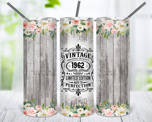 60th Birthday 1962 Wood Floral Background Vintage Sublimation Seamless Design Tumbler - 20oz Skinny Straight Tumbler Wraps Template - PNG