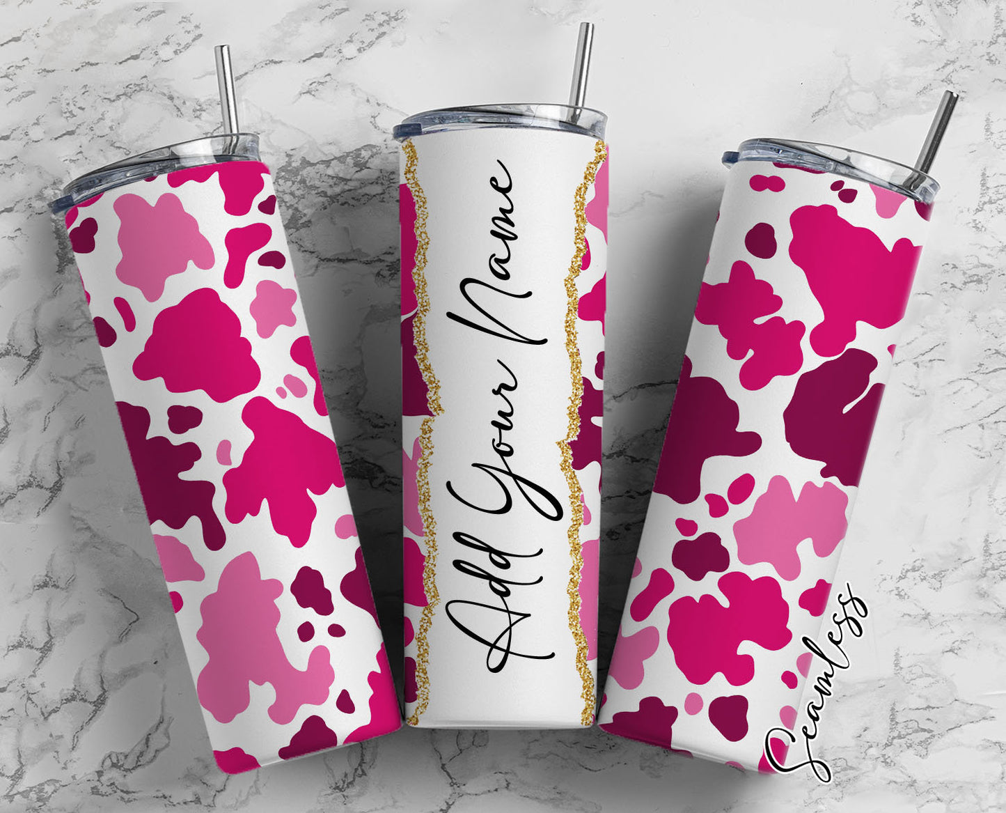 Pink Cow Print Add Your Own Name, 20oz Sublimation Tumbler Designs, Skinny Tumbler Wraps Template - 63 PATTERN