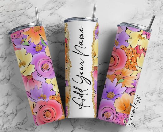 Seamless Flowers Add Your Own Name, 20oz Sublimation Tumbler Designs, Skinny Tumbler Wraps Template - 878