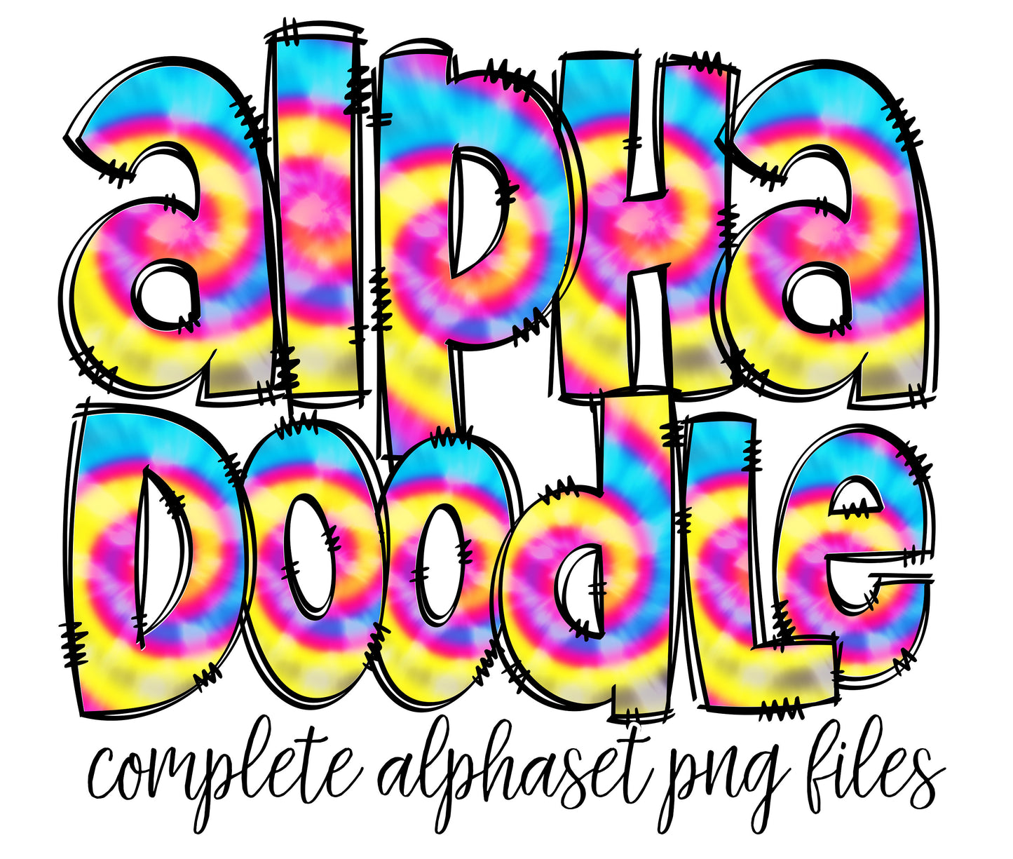 Tie Dye Doodle letters, Rainbow Bright Hand Drawn Doodle Alpha Bundle, Sublimation Font PNG, Patterned Numbers & Alphabet,